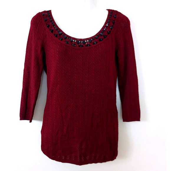 Emma James Tops - Emma James Crochet Beaded Collar 3/4 Sleeve Top